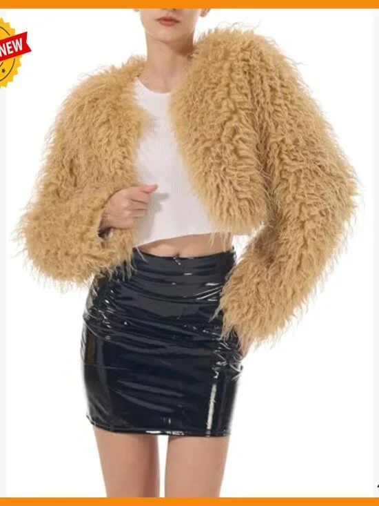 Cropped Faux Fur Jacket Long Sleeve Open Front Cardigan Winter Coat - Picture 2 of 7